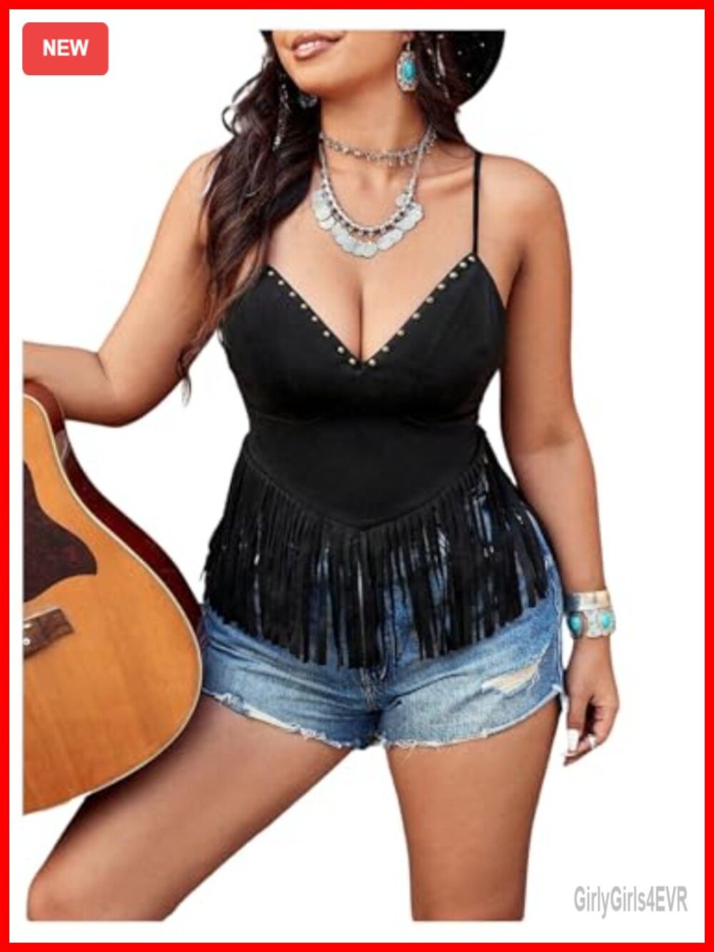 Women's Plus Size Fringe Studded Western Camisole Sleeveless V-Neck Top